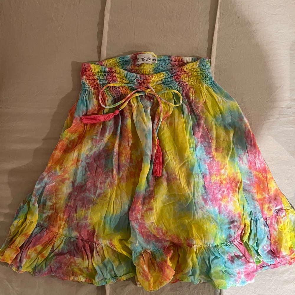 Tiare Hawaii Yellow and Blue Bubble Mini Skirt with Tie Front and Smocked Design